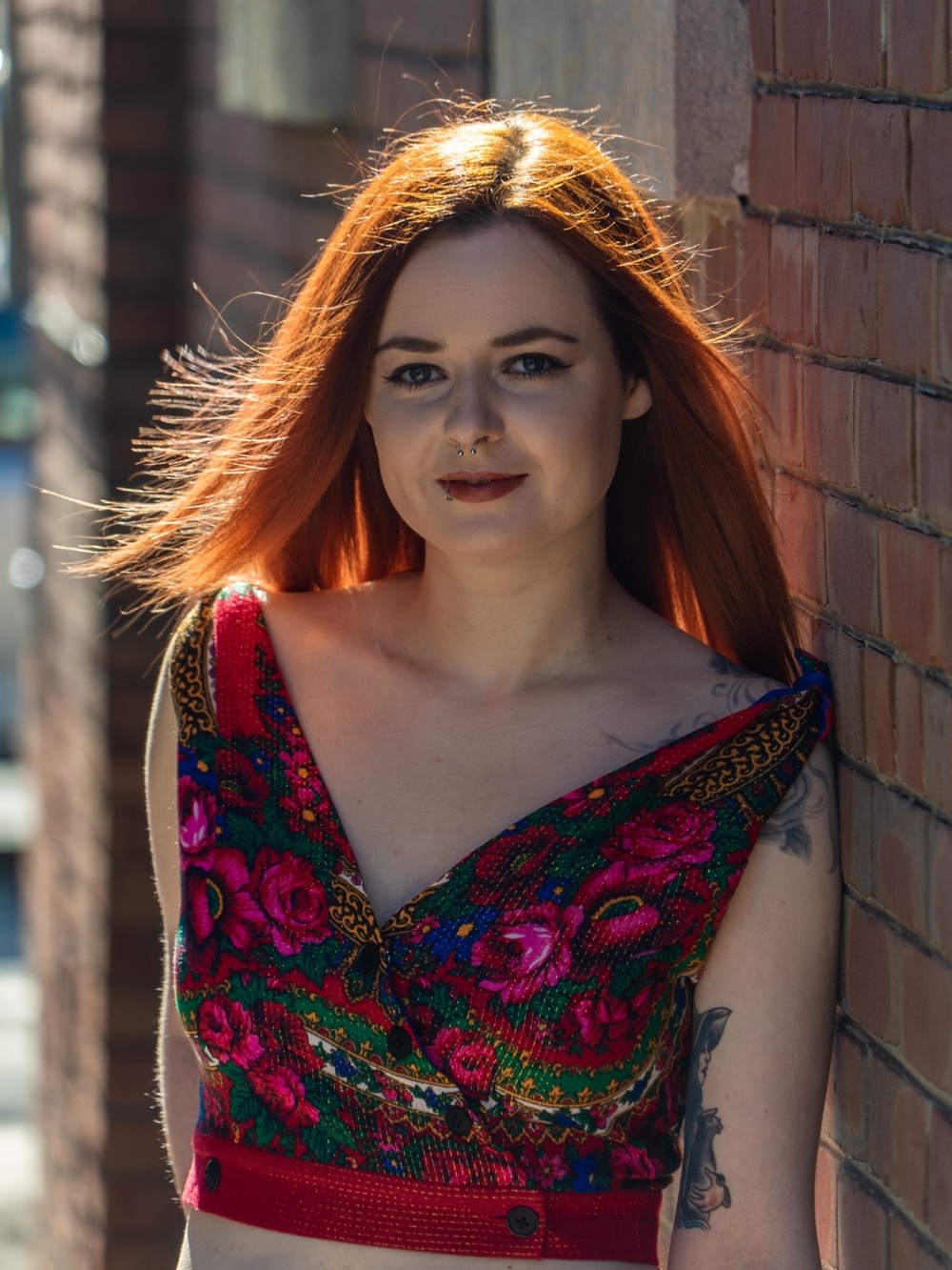 Red & Green Floral Wrap V-Neck Crop Top